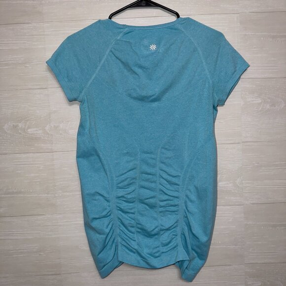Athleta Ruched Short Sleeve Top Size M Blue Stretch Activewear Workout Shirt - Picture 6 of 6